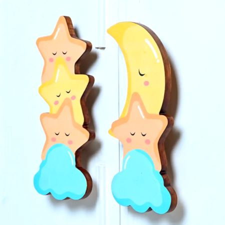 Handcrafted Acacia Wood Star Moon Cupboard Handles Set